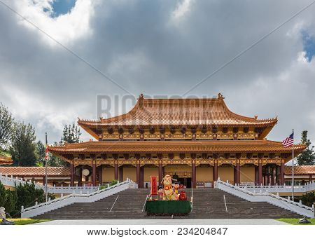 Hacienda Heights, Ca, Usa - March 23, 2018: The Main Shrine Of Hsi Lai Buddhist Temple Under Heavy C