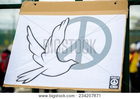 Aldermaston, United Kingdom, 1st April 2018:- Cnd Peace Banners By The Main Gate To The Awe Where Br
