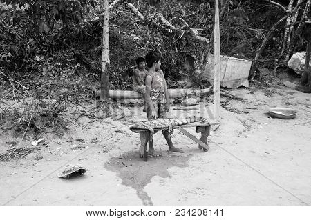 Boca De Valeria, Brazil - December 03, 2015: Boys Selling Crocodile Bound To Wooden Bench On Natural