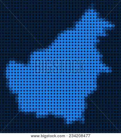 Dotted Pixel Borneo Island Map. Vector Geographic Map In Blue Colors. Vector Composition Of Borneo I