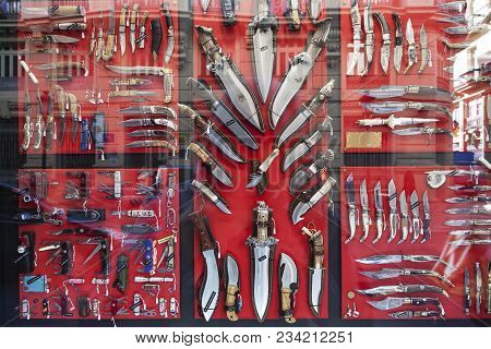 Albacete, Spain - November 12: Shop Window In Albacete, Spain. The Manufacturing Of Knives Is An Imp