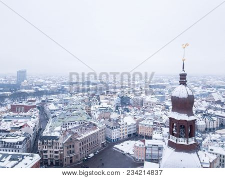 Amazing Aerial View Of The Riga Old Town (vecriga) In January During Barracades Memorial Winter Day.