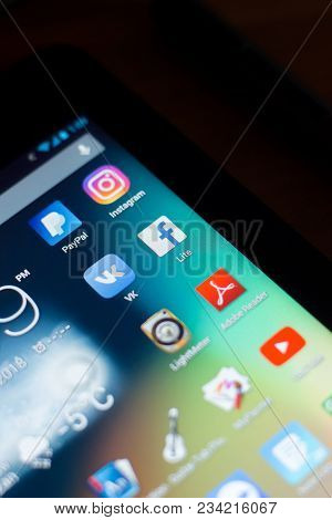 Ryazan, Russia - March 21, 2018 - Mobile Apps Icons With Logos Of Facebook, Instagram, Paypal, Vk An
