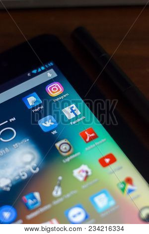 Ryazan, Russia - March 21, 2018 - Mobile Apps Icons With Logos Of Facebook, Instagram, Paypal, Vk An