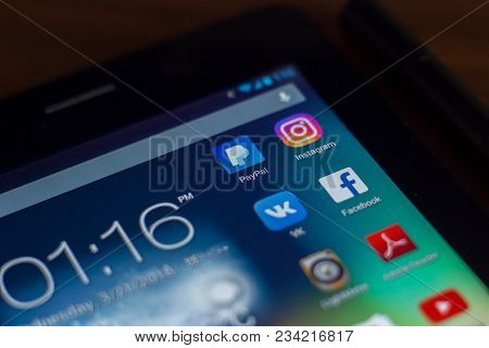 Ryazan, Russia - March 21, 2018 - Mobile Apps Icons With Logos Of Facebook, Instagram, Paypal, Vk An