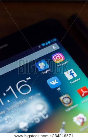 Ryazan, Russia - March 21, 2018 - Mobile Apps Icons With Logos Of Facebook, Instagram, Paypal, Vk An