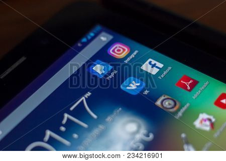 Ryazan, Russia - March 21, 2018 - Mobile Apps Icons With Logos Of Facebook, Instagram, Paypal, Vk An