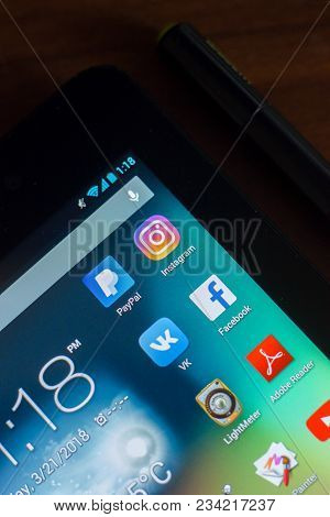 Ryazan, Russia - March 21, 2018 - Mobile Apps Icons With Logos Of Facebook, Instagram, Paypal, Vk An