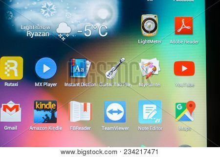 Ryazan, Russia - March 21, 2018 - Icons Of Mobile Apps On A Display Of Tablet.