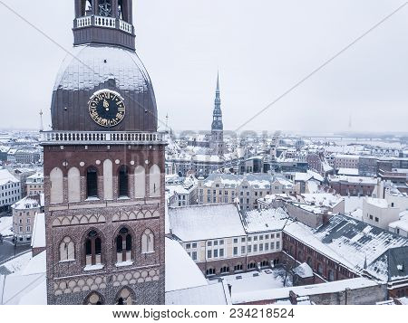 Amazing Aerial View Of The Riga Old Town (vecriga) In January During Barracades Memorial Winter Day.