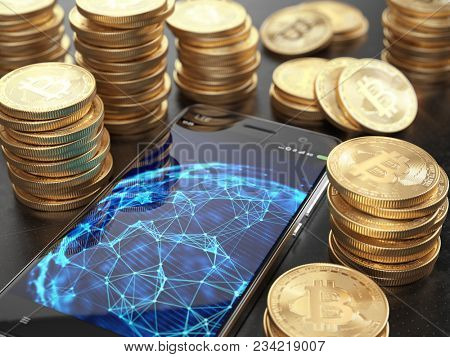 Smarphone with network connections on screen and Stacks of Bitcoins. Cryptocurrency concept. 3d rendering