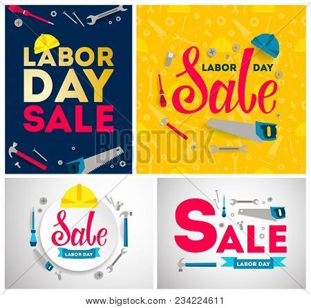 Labor Day Sale Illustrations Set With Construction Equipment.