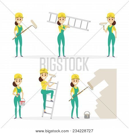 Woman Painter Set. House Painter With Brushes.