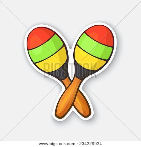 Vector Illustration. Two Crossed Wooden Maracas In Colored Stripes. Impact And Noise Instrument. Equ