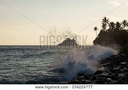 View On Midigama Beach In The Evening During Sunset. Lanscape Without People. Ideal Place For Vacati
