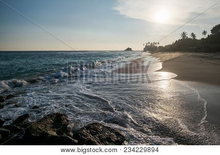 View On Midigama Beach In The Evening During Sunset. Lanscape Without People. Ideal Place For Vacati