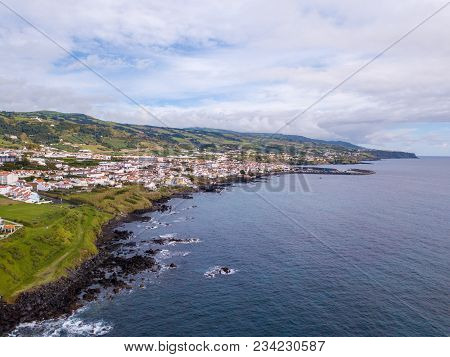 Aerial View On City Mosterios On Island Sao Miguel, The Azores. Beautiful Small Town In Portugal. Az