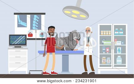 Vetclinic Illustrations With Dog Patient And Owner.