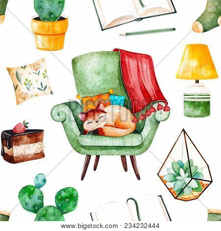 Cozy Home Seamless Pattern With A Home Plants, Green Chair With Cute Kitten, Book, Tasty Cake, Cushi