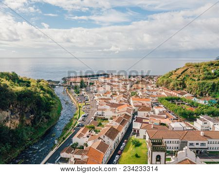 Aerial View On City Mosterios On Island Sao Miguel, The Azores. Beautiful Small Town In Portugal. Az