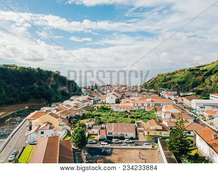 Aerial View On City Mosterios On Island Sao Miguel, The Azores. Beautiful Small Town In Portugal. Az
