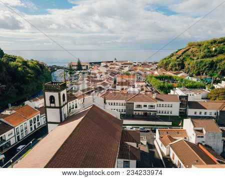 Aerial View On City Mosterios On Island Sao Miguel, The Azores. Beautiful Small Town In Portugal. Az
