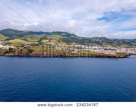 Aerial View On City Mosterios On Island Sao Miguel, The Azores. Beautiful Small Town In Portugal. Az