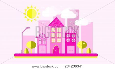 Pink With Yellow Urban Landscape In A Flat Style. The City With Houses With Sloping Roof And Various