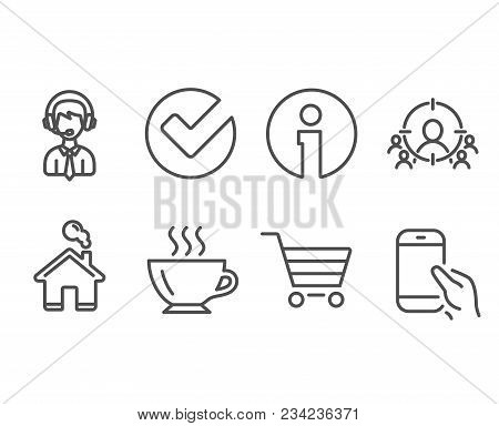 Set Of Business Targeting, Verify And Coffee Icons. Market Sale, Shipping Support And Hold Smartphon
