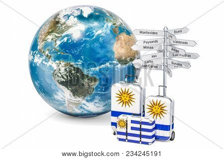Uruguay Travel Concept. Suitcases With Uruguayan Flag, Signpost And Earth Globe. 3d Rendering