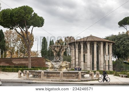 Rome, Italy - November 18, 2017 Circular Temple Of Hercules Victor Formerly Temple Of Vesta. Built I