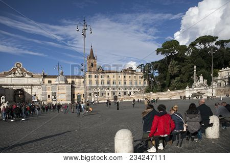 Rome, Italy - November 18, 2017 Obelisk In Piazza Del Popolo, . Egyptian Obelisk Stands In The Centr