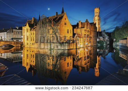 Classic Postcard View Of The Historic City Center Of Brugge, Often Referred To As The Venice Of The 
