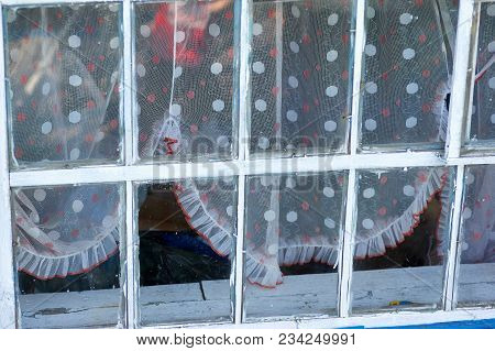Retro Style, Old Fashioned Traditional Wood Window With Nice Curtains. Colorful Background Of The Wi