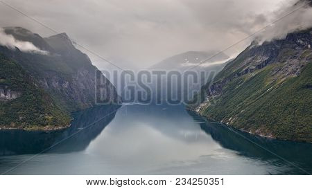 Geiranger Fjord Seen From Hellesylt Side On Cloudy Day