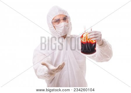 Epidemiologist with blood sample isolated on white background