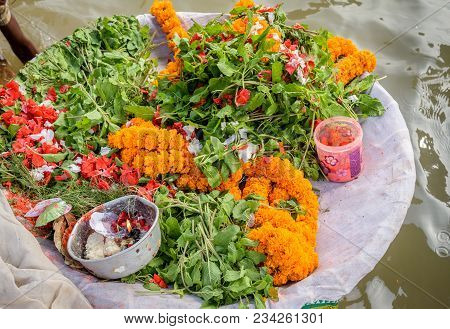 Puja Thali With Coloful Flowers And Sindoor.