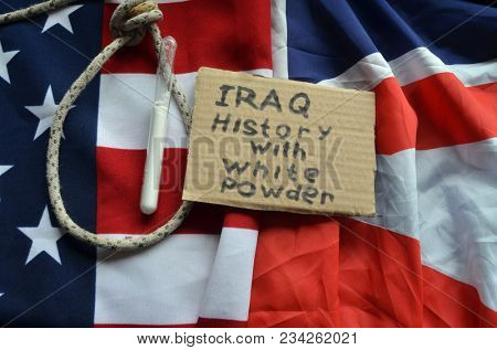 The scandal about poisoning of former spy Sergei Skripal. Concept.USA and British Flag background. April 1, 2018 in Kiev,Ukraine