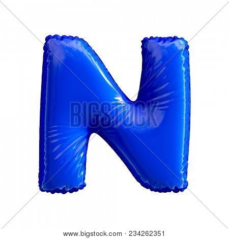 Blue letter N made of inflatable balloon isolated on white background. 3d rendering