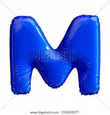 Blue letter M made of inflatable balloon isolated on white background. 3d rendering