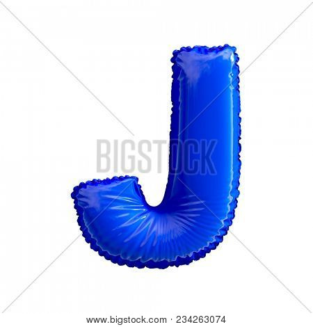 Blue letter J made of inflatable balloon isolated on white background. 3d rendering