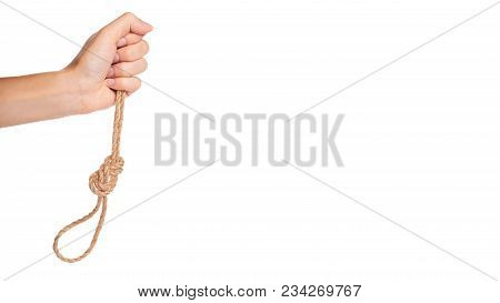 Noose, Kill Rope In Hand Isolated On White Background. Copy Space, Template.