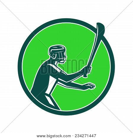 Retro Style Illustration Of A Hurling Player Holding A Wooden Stick Called Hurley Viewed From Side O