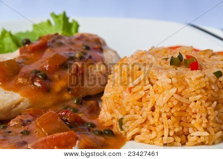 สเต็กไก่กับข้าวที่ใช้เผาไหม้