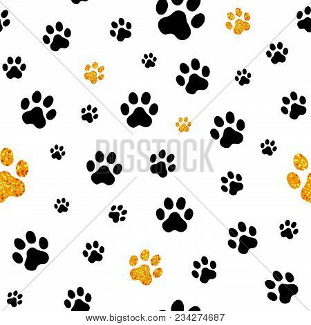 Seamless Repeating Vector Background Of Black And Sparkling Gold Paw Prints.