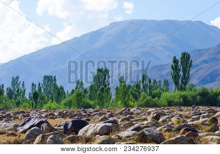Anicent Site Of Petroglyphs Near Cholpon-ata,  Kyrgyzstan During Summer