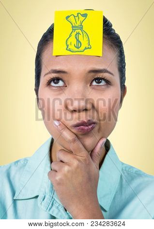 Woman thinking with yellow sticky note on head showing blue moneybag doodle against yellow backgroun