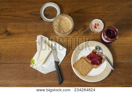 Morning Breakfast On An Old Wooden Table
