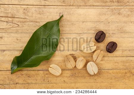Dried And Roasted Coffee Beans With Coffea Leaf On Wooden Table From Above.