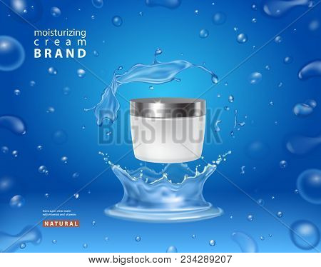 Cosmetic Moisturizing Cream Box Premium Ads Skincream On Blue Background In Water Splash With Bubble